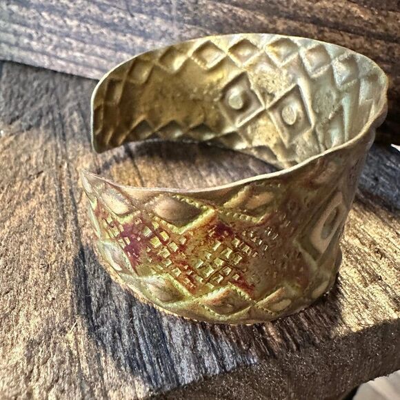 Handcrafted Artesian Boho Brass Patina Bracelet, Burnt Orange Diamonds and Squa - Picture 3 of 7